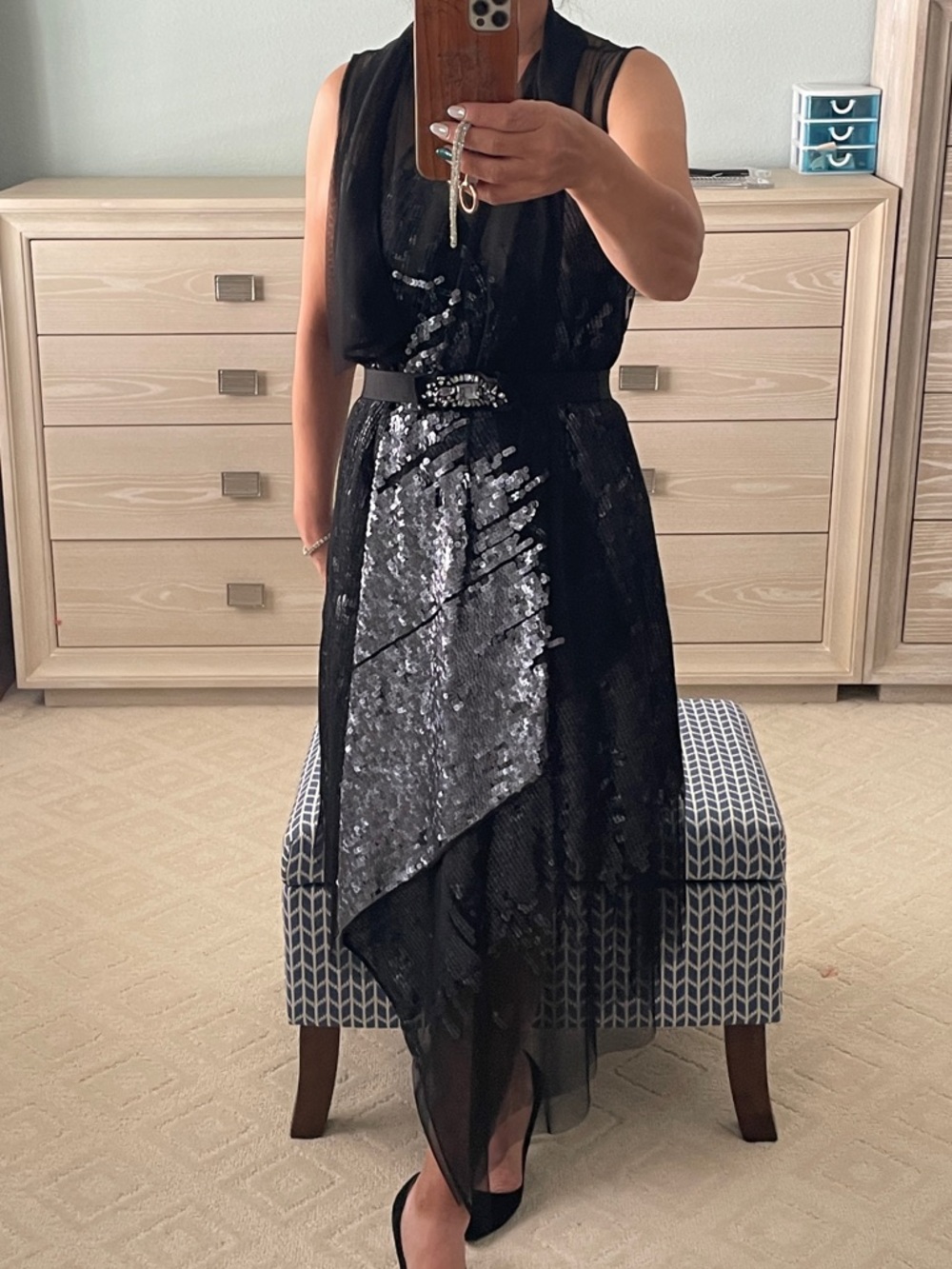 Black Sequin Draped Sleeveless Dress